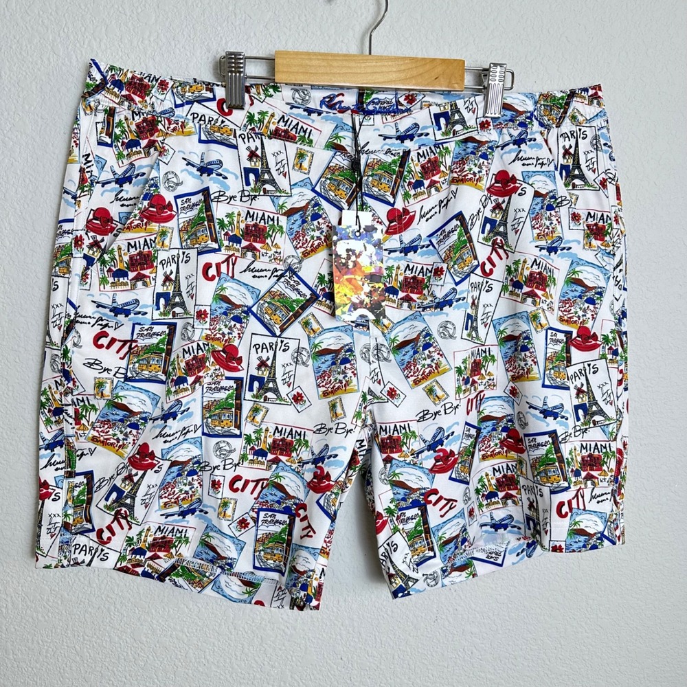 NEW Robert Graham Around the World Swim Shorts Mens XL Postcard Print Maximalist